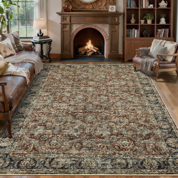 Tapis Vintage Lavable – Tapis Boho Rouge à Faible Poil Vieilli, Doux, Résistant aux Marques, Antidérapant, Pliable – pour Salon, Chambre, Salle à Manger, Chambre de Bébé, Dortoir – 8x10 Pieds (244x305cm), Spéc. USA