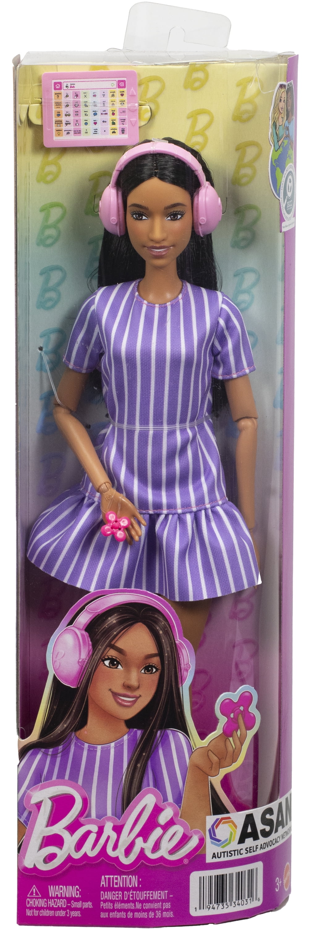 Barbie Fashionistas Doll #245 in Purple Striped Dress, Autistic Barbie with Accessories
