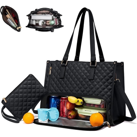 Packuum 3 in 1 Tote Bag for Women, Packuum Lunch Bag, 15.6 Inch Tote Bag with Lunch Compartment,LaptopWith Insulated Lunch Compartment (Black)