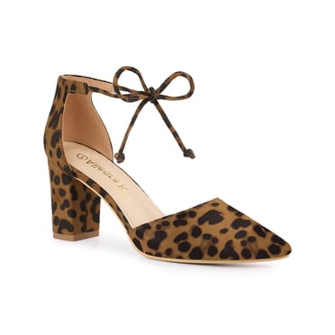 BLISSFUL STEP Women's High Block Heels Pointed Toe Ankle Strap Dress Shoes​ Leopard 7
