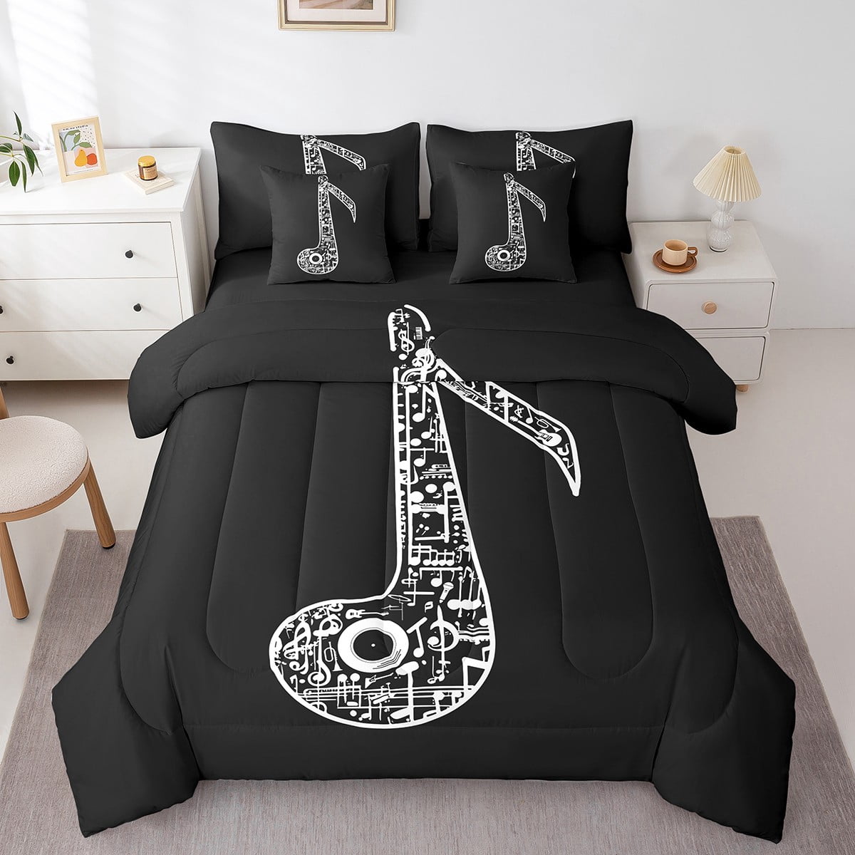 Abstract Musical Notes Comforter Set 7 Piece Bed in a Bag Twin,Guitar Bedding Sets Modern Rock Music Sheet Set with Comforter,Fashion Hip Hop Bed Set