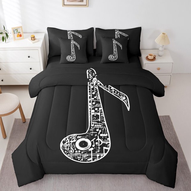 Abstract Musical Notes Bed in a Bag King Size Comforter Set 7 Pieces,Guitar Bedding Sets Modern Rock Music Sheet Set with Comforter,Fashion Hip Hop Bed Set