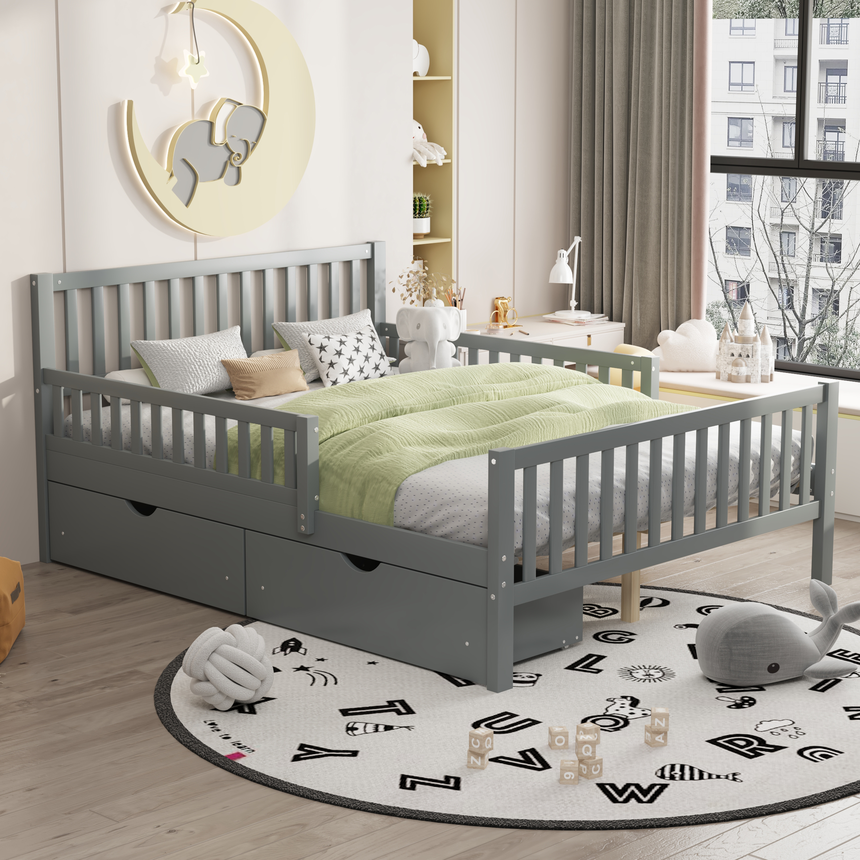 Homy Casa Lit plateforme double en bois avec garde - corps et deux tiroirs de rangement, gris, cadre robuste, design moderne pour chambre