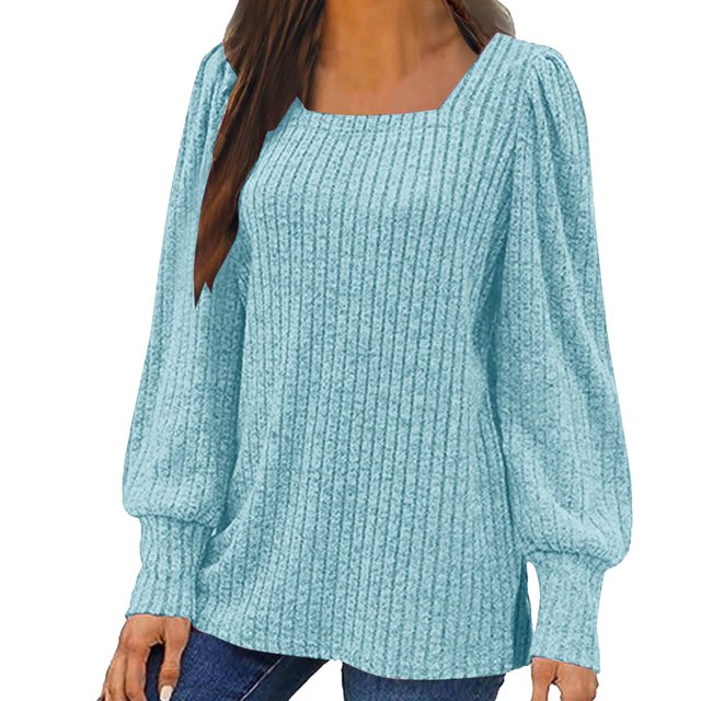 Meichang Puff Long Sleeve Shirts for Women Plus Size Square Neck Ribbed Knit Tops Solid Loose Fit Side Slit Hem Blouses Spring Trendy Women Tunic Tops