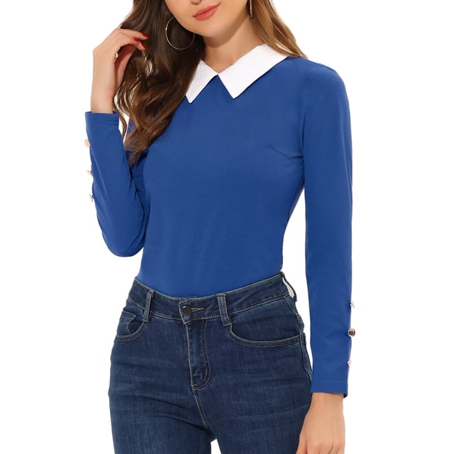 INSPIRE CHIC Blouse de Noël à Col Peter Pan pour Femme, Tricot, Col Contrastant, Manches Longues, Haut de Fête, TP Bleu Royal