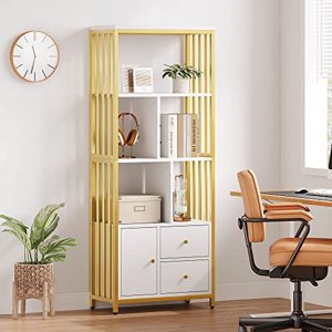 Bibliothèque et bibliothèque avec armoire de rangement 2 Tiroirs, étagère blanche et or, debout 5 Tiers Réserver étagères Affichage Rack avec portes pour chambre à coucher Salon Bureau, blanc et or