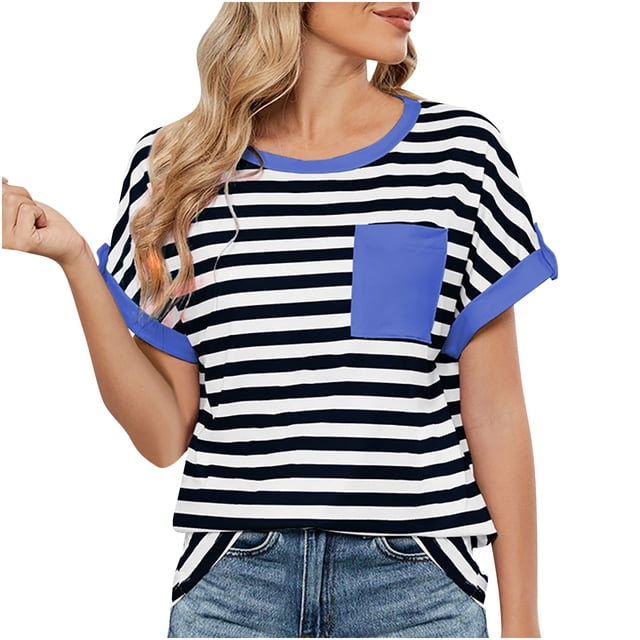 Tnhcen Nouveautés pour Femmes Blouses à Manches Courtes à Col Rond / Hauts Décontractés à Rayures avec Poche P-2TG / Hauts en Mélange Nylon Spandex