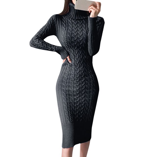 Kcodviy Robe Chandail à Col Roulé à Manches Longues pour Femmes, Épaules Dénudées, Robes Chandail, Chandail Moulant Tricoté pour Femmes, Robe Midi, Robes Chandail