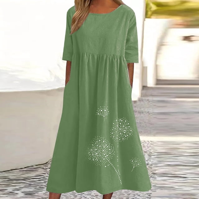 Pisexur Robes d'Été en Coton et Lin pour Femmes, Imprimé Floral, Robes Maxi à Manches Courtes Volantées, Col Rond, Coupe Ample, Robe Soleil pour Plage et Vacances avec Poches, Grande Taille P-5TG
