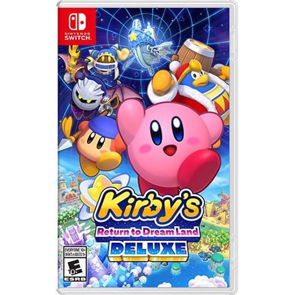 Kirby’s Return to Dream Land™ Deluxe - CAN (Nintendo Switch) game cover featuring Kirby with a pink round body and big eyes in the center, flanked by King Dedede holding a hammer, Meta Knight in armor, and Bandana Waddle Dee with a spear, set against a starry cosmic background and Dream Land landscape, emphasizing the multiplayer platforming adventure.