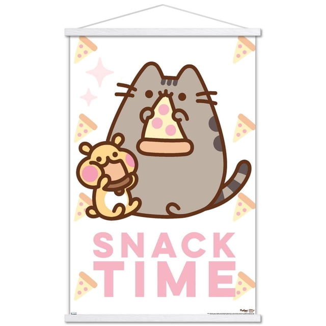 Pusheen - Snack Time Wall Poster, 14.725" x 22.375" Framed featuring cartoon cat Pusheen holding a pepperoni pizza slice with a small yellow character beside her also eating a snack, on a white background with pizza slice illustrations and pink 'SNACK TIME' text, suitable for playful wall décor in bedrooms or offices.