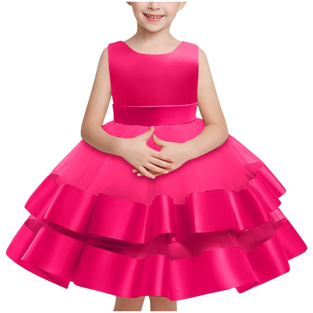 Huvoen Robe pour Tout-Petite Fille Robe d'Été pour Filles Nouvelle Sans Manches à Volants en Dentelle Col Rond Broderie en Maille Jupe Princesse avec Nœud Roses 2 Ans