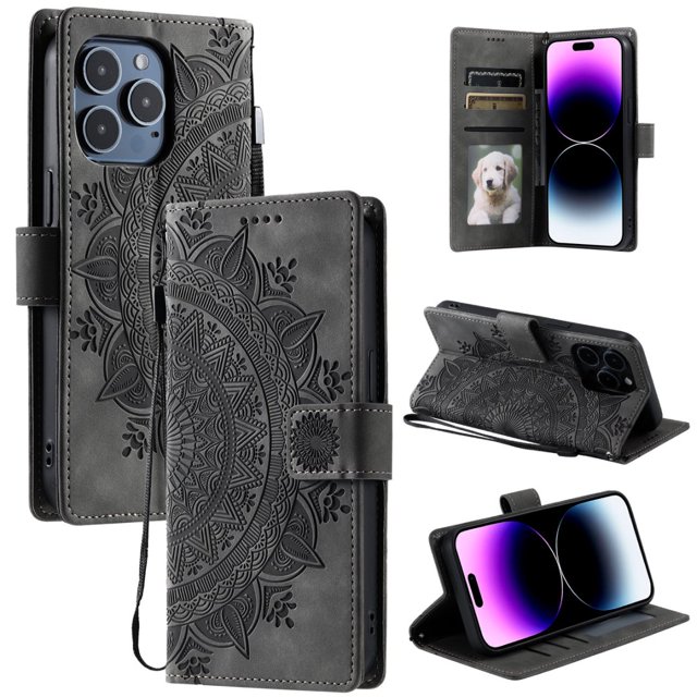 Flip Case for iPhone 16 Pro, Totem Embossed Flowers Premium PU Leather Wallet Folio Cover with Card Holder Kickstand Compatible with iPhone 16 Pro - Gray