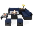 thumbnail image 1 of Patiojoy 9 Pieces Outdoor PE Rattan Wicker Sectional Sofa with 35-Inch Gas Fire Pit Table Space-Saving Patio Conversation Set with Storage Box Navy, 1 of 10
