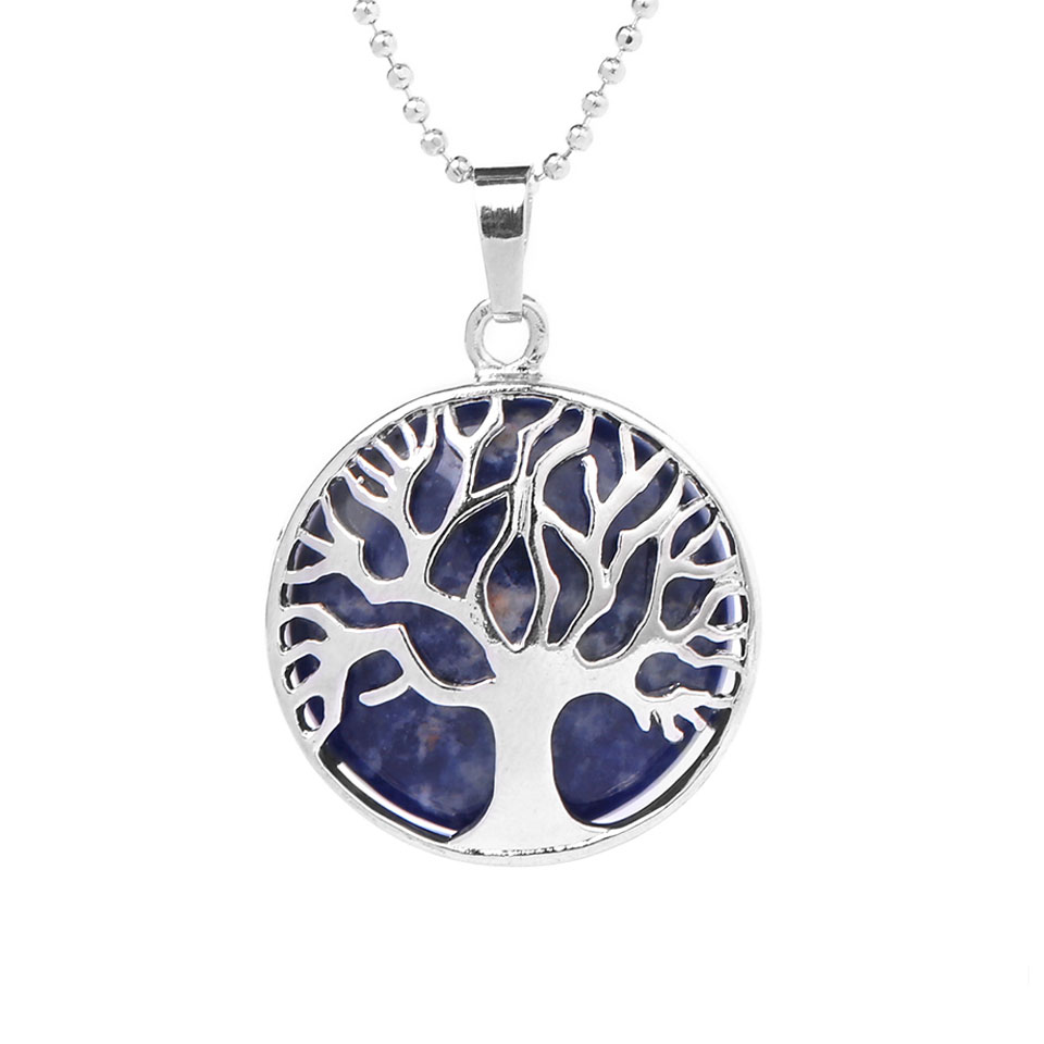 Natural Round Gem Stone Kabbalah Tree of Life Necklaces Pendants