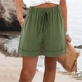 thumbnail image 2 of Linen Shorts for Women High Waisted Cotton Shorts Wide Leg Drawstring Pants Elastic Holiday Beach Short with Pockets, 2 of 5