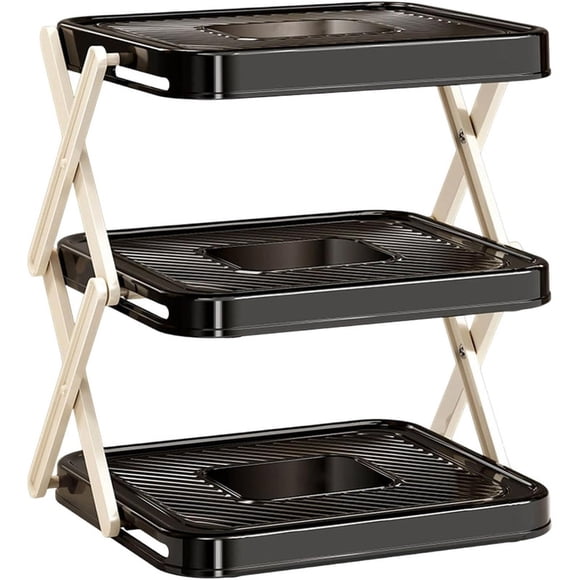 Étagère de Rangement pour Plats à Plusieurs Couches et Plateaux de Préparation, Support de Plateau de Service Pliable, Présentoir Alimentaire Pliable avec Pieds en X, Porte-Plat Gain de Place, Noir, 1 Pce