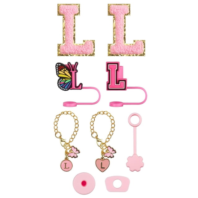 Glass&Bottle Accessory Set for Drinkware – Embroidery Patch Straw Covers Charm Necklace Chain & Leak Guard Complete Decorative Upgrade Kit