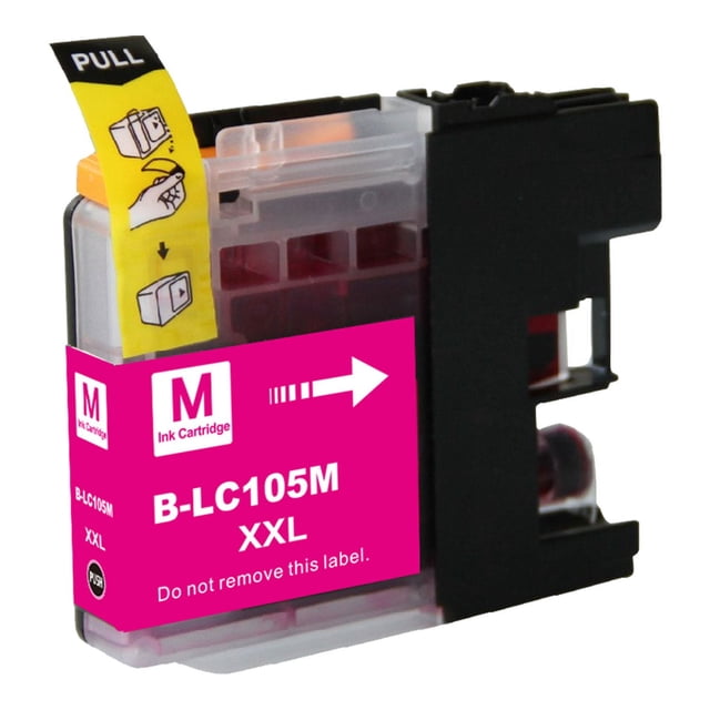 L-ink Compatible Ink LC105 Magenta (LC105M, LC-105) cartridge shown in a close-up angled view with a translucent plastic body containing magenta ink, a magenta label marked B-LC105M XXL with installation instructions, and a yellow pull tab, compatible with Brother printers and providing a cost-effective printing solution.