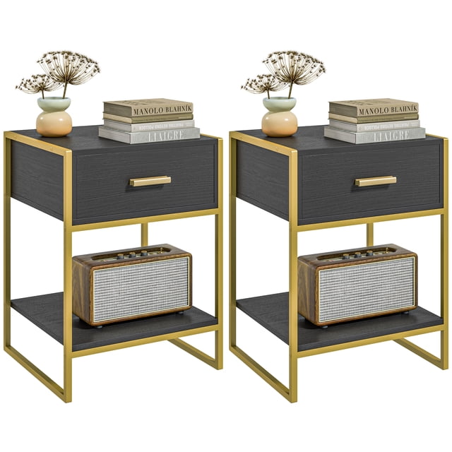 HOMCOM Bedside Table Set of 2, Nightstand with Drawer and Shelf. This modern set features black MDF tops with gold steel frames, each with a slide-out drawer and a lower shelf for storage. Ideal for bedrooms or living rooms, the tables are styled with decorative items like books and vases. Dimensions: 17.7 inches L x 15.7 inches W x 23.6 inches H.