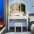 thumbnail image 2 of Costway Ensemble Coiffeuse et Tabouret Grand Miroir Éclairé à Trois Volets Commode à 6 Tiroirs Blanc, 2 of 10