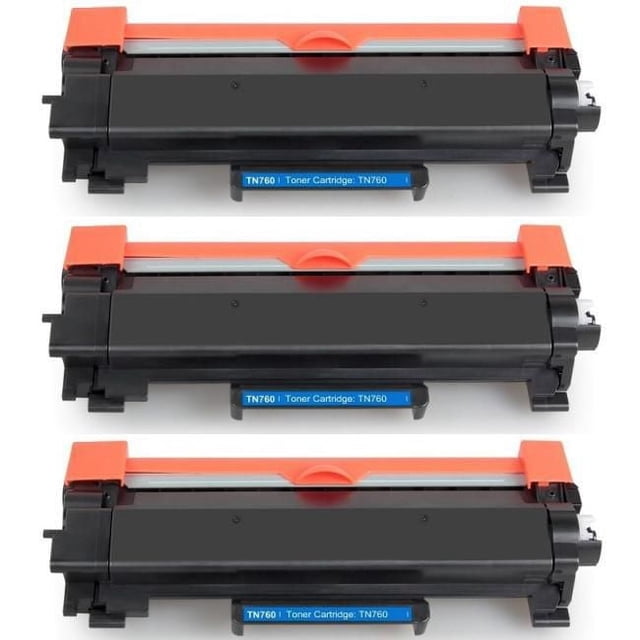 L-ink 3 Pack Compatible TN760 Toner Cartridge (TN-760) showing three black laser printer toner cartridges with orange protective covers and blue labels reading 'TN760 Toner Cartridge: TN760', compatible with various Brother printers, providing sharp print quality and a 9000-page yield at 5%.