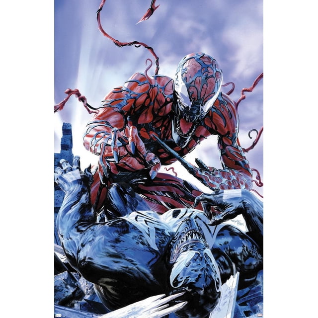 Marvel Comics - Carnage - Affiche Murale Battle with Venom, 14,725 Po x 22,375 Po Représentant Carnage en Forme de symbiote Rouge et Noir Attaquant Venom en Costume de symbiote Noir et Blanc parmi les Gravats avec un Fond de Ciel Nuageux, Imprimée sur Papier d'Affiche Lustré, Convenant à la Déco de la Maison et aux collections de Fans.
