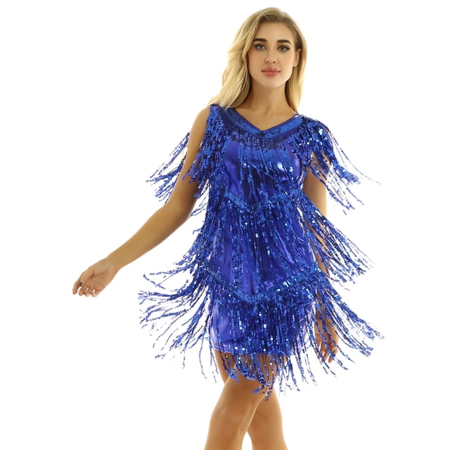 Moggemol Robe Courte à Paillettes Brillantes pour Femmes avec Franges en Similicuir, Col en V, Sans Manches, Tenue de Danse Samba, Bleu Royal, G