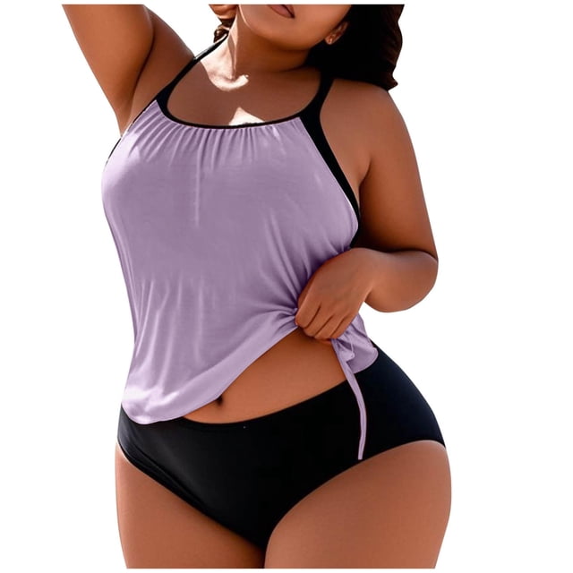 FAVIPT Plus Size 2 Piece Bathing Suit for Women Tummy Control Ruched Swimsuits Tropical Beach Drawstring Tankini Purple,XXXXL