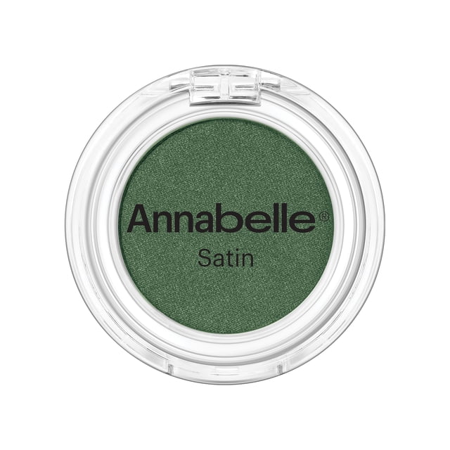 Annabelle Eyeshadow Satin Lucky Day, a round clear compact with deep green satin-finish powder eyeshadow featuring a soft, velvety texture and highly pigmented, long-lasting formula, easy to apply and blend for crease-free wear, ideal for shading, lining, and layering complementary shades.