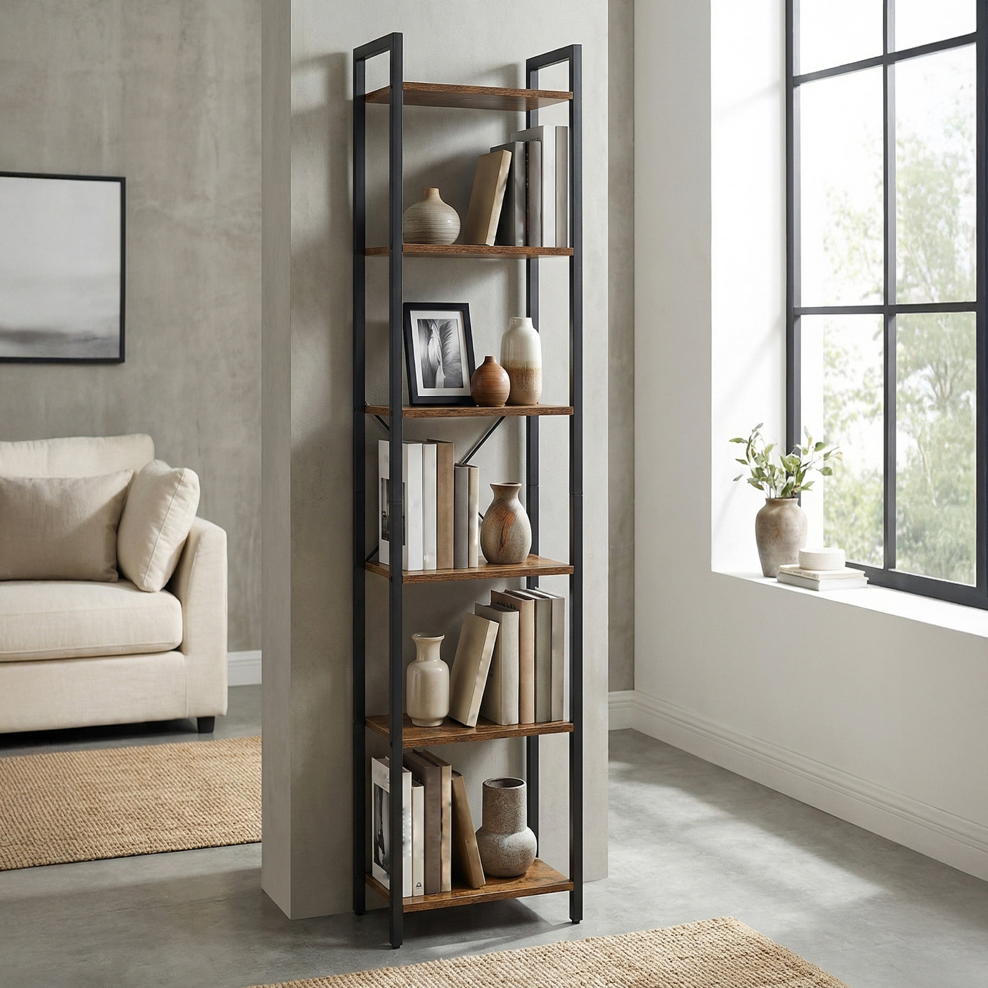 6-Tier Tall Bookshelf, Narrow Bookcase with Steel Frame, Skinny Book Shelf for Living Room, Study, Rustic Brown and Black