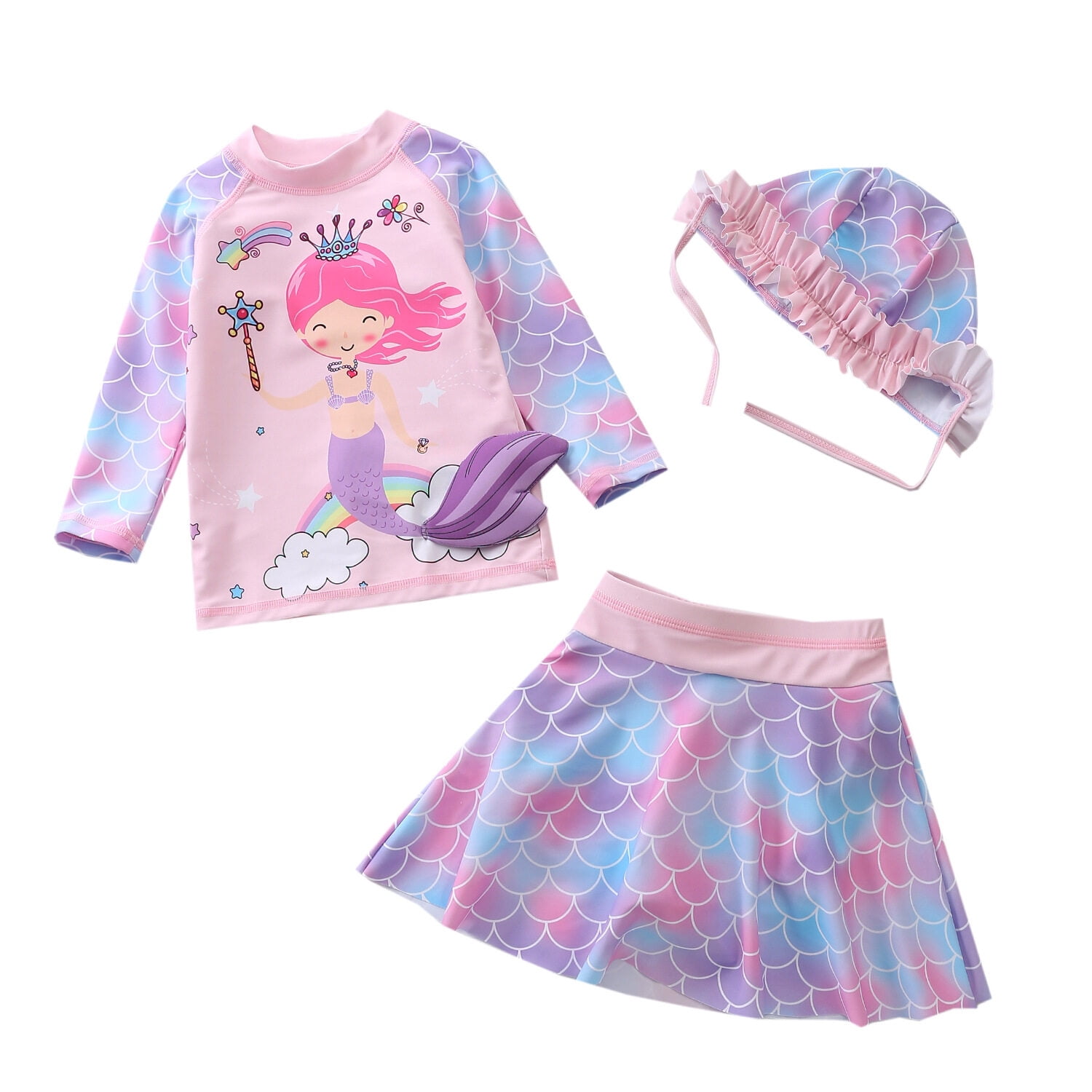 Baby/Toddler Girls Mermaid Swimsuit Rashguard Set Long Sleeve UPF 50+ ,CM25-10 Size 3T