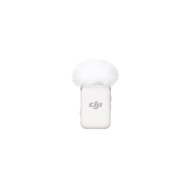 DJI Mic 2 Transmitter in pearl white with a compact rectangular body and rounded edges, featuring the DJI logo on the front and topped with a fluffy white windscreen, designed as a wireless microphone transmitter for drone and audio recording accessories.