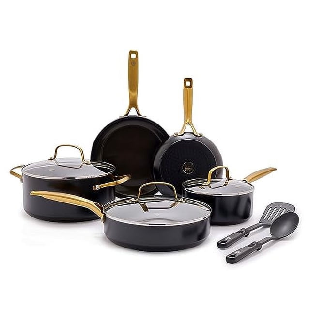 Blue Diamond Gold 10 Piece Cookware Set,Ceramic Nonstick, PFOA Free, Induction Suitable, Dishwasher Safe, Gold Handle, Black