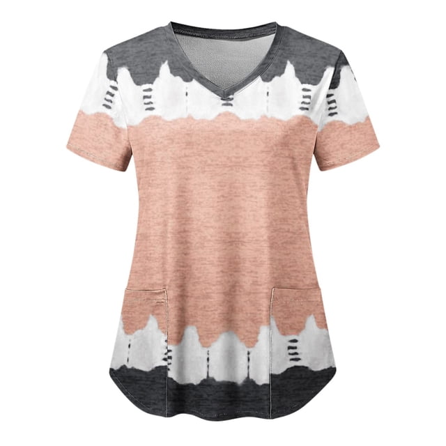 Hauts d'Été Grande Taille pour Femmes Décontractés Mode pour Femmes Manches Courtes Col en V Hauts Uniforme de Travail Imprimé Blouse à Poche Hauts T-Shirt Col en V pour Femmes en Liquidation