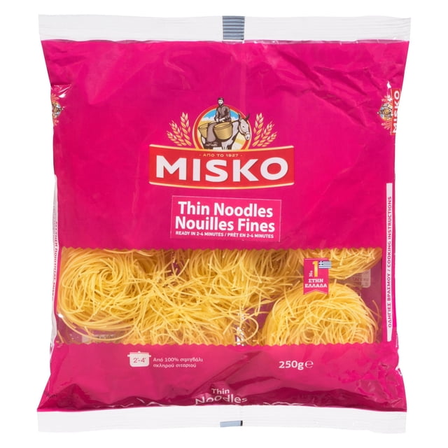 MISKO Emballage de Nouilles Fines avec Emballage Rose Vif Montrant des Nouilles de Semoule de Blé Dur Jaunes Minces à Travers une Fenêtre Transparente, 250 g Produit Stable à Température Ambiante Prêt à Cuire en 2-4 minutes, Étiqueté en Anglais et en Français pour les Consommateurs Canadiens
