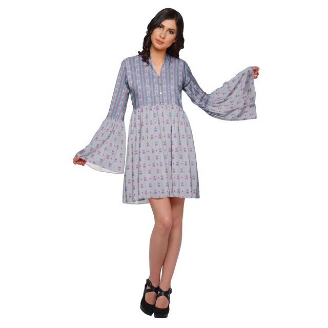 Moomaya Robe à Manches Longues Évasées pour Femmes, Décontractée, Imprimée, d'Été, Plissée, Kurta
