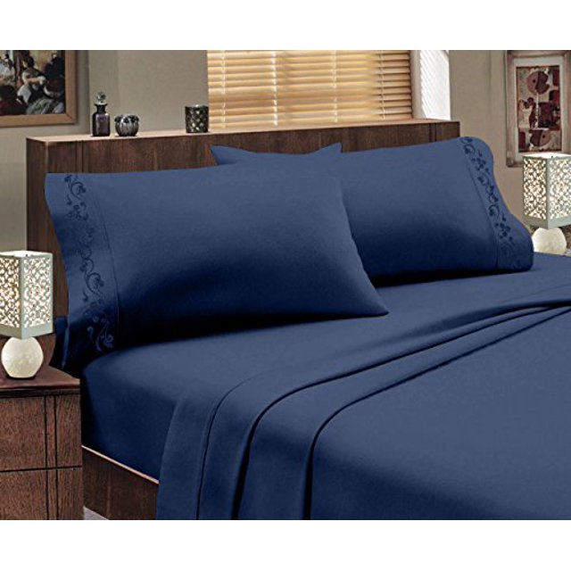 Italian Design 1800 Series Egyptian Comfort Super Soft Embroidery 4 Piece Sheet Set (Queen, Navy Blue)