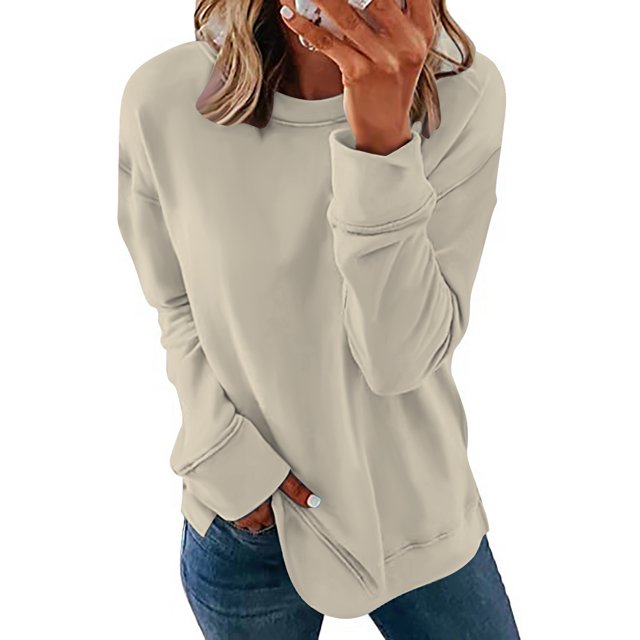 Meichang Chandails pour Femmes Col Rond Manches Longues Coupe Ample Hauts de Sortie Unis Chandail en Molleton Confortable Mode 2024