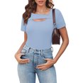 thumbnail image 4 of Lenpel T Shirts for Women Fashion Summer Short Sleeve Cutout Ribbed Knit Solid Color Slim Basic Tees Going out Tops, 4 of 7