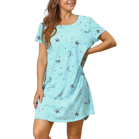 Hontri Chemises de Nuit en Coton pour Femmes - Robes de Nuit pour Femmes, Chemises de Nuit pour Femmes en Coton, T-Shirt de Nuit à Manches Courtes Imprimé, Chemise de Nuit Douce