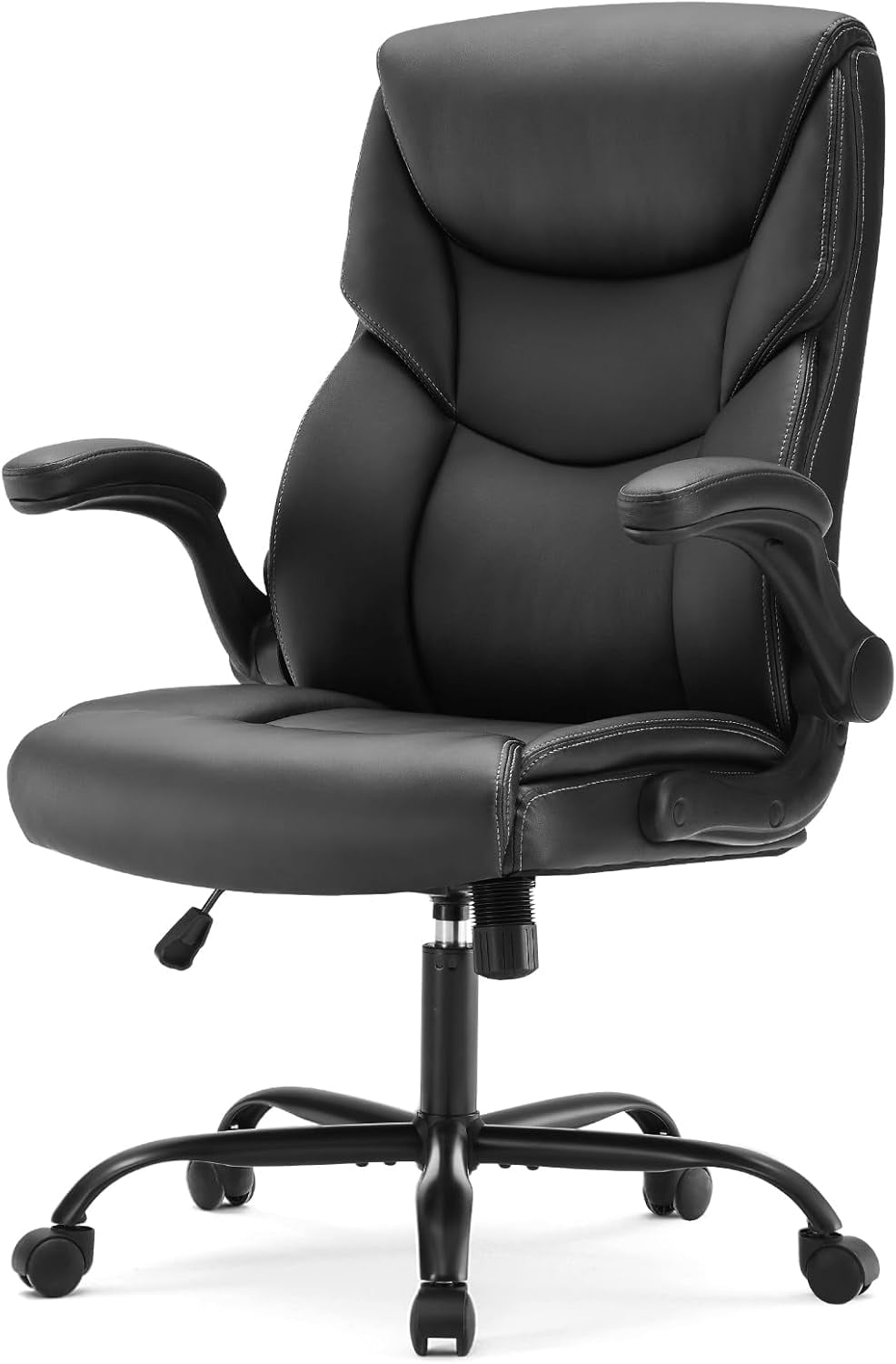 Ergonomic Computer Gaming Office Chair, Heavy Duty Task Desk Swivel Rolling Chairs with Wheels, Flip-up Arms, Adjustable Height, PU Leather, Black