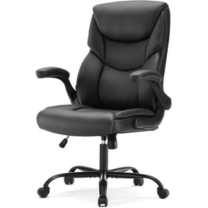 Ergonomic Computer Gaming Office Chair, Heavy Duty Task Desk Swivel Rolling Chairs with Wheels, Flip-up Arms, Adjustable Height, PU Leather, Black