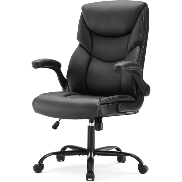Chaise de bureau ergonomique de jeux d'ordinateur, chaise pivotante pivotante de bureau de tâches lourdes avec roues, bras rabattables, hauteur réglable, PU Cuir, noir