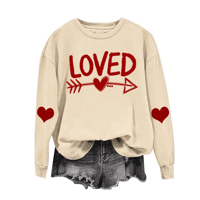 RKSTN Chandail pour Femmes 2024 Saint-Valentin Cœur d'Amour Imprimé Chandail Uni Col Rond Manches Longues Coupe Ample Blouse Hauts