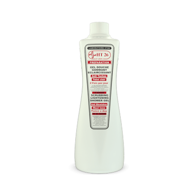 Gel Douche Exfoliant Éclaircissant Ht26 en Bouteille Haute Blanche avec Étiquette Rouge et Noire. l'Étiquette Met en Valeur des Caractéristiques comme « Anti-Imperfections » et « à Utiliser Deux Fois par Jour ». Ce Gel Douche Est Conçu pour l'Éclaircissement de la Peau et l'Exfoliation, Idéal pour les routines de Bain et de Douche.