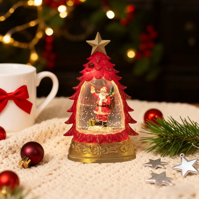 Aodebiao LED Christmas Tree Night Light Desktop Decor with Glass Cover Holiday Scene Layout Battery Powered Festive Glowing Home Office Decoration Gift