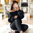thumbnail image 2 of Pompotops Womens Solid Color Off Shoulder Long Sleeve Cable Knitted Warm Two-Piece Long Pants Sweater Suit Set, 2 of 7