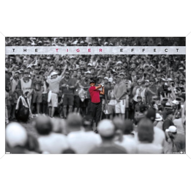 Tiger Woods - The Tiger Effect Wall Poster, 22.375" x 34" showing a golfer in a red shirt and black pants swinging a golf club in front of a black-and-white crowd, with 'THE TIGER EFFECT' text in black and red letters across the top, ideal for home or office wall art.