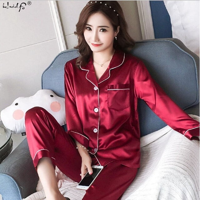 2Pcs Women Satin Silk Sleepwear Pyjamas Set Pijama Suit Female Sleep Two Piece Set Loungewear Plus Size